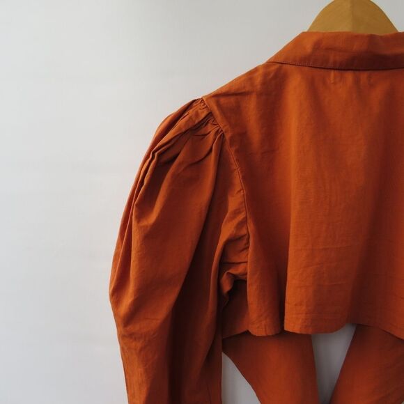 WeWoreWhat Womens Small Bisou Burnt Orange Puff Sleeve Tie Front Crop Blouse - Picture 15 of 16